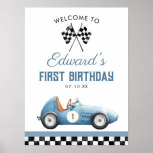 ブルーのレーシングカーの1歳の誕生日ウェルカムサイン ポスター