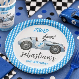 ブルーのレーシングカーの2歳の誕生日パーティーの招待状 ペーパープレート