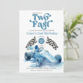 ブルーのレーシングカーの2歳の誕生日パーティー 招待状 (スタンド正面)