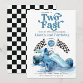 ブルーのレーシングカーの2歳の誕生日パーティー 招待状 (正面/裏面)