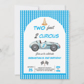 ブルーのレーシングカーの2歳の誕生日招待状「Two Fast」 招待状 (正面)