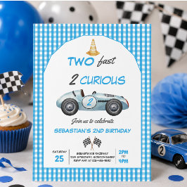 ブルーのレーシングカーの2歳の誕生日招待状「Two Fast」 招待状