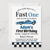 ブルーのレーシングカーブルーイの1歳の誕生日パーティー 招待状 (正面)