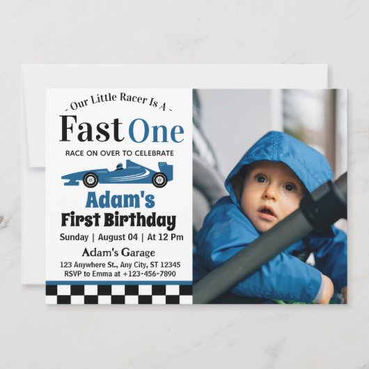 ブルーのレーシングカーブルーワン 男の子の1歳の誕生日パーティー 招待状 (正面)