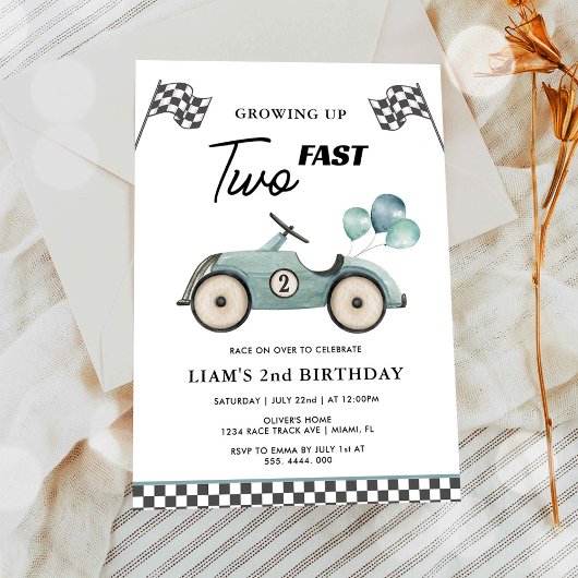 ブルーのレーシングカーブーイズ2歳の誕生日 招待状