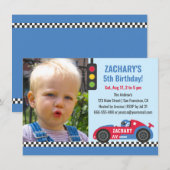 ブルーのレーシングカーマウスお誕生日おめでとうフォト 招待状 (正面/裏面)