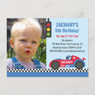 ブルーのレーシングカーマウスお誕生日おめでとうフォト 招待状