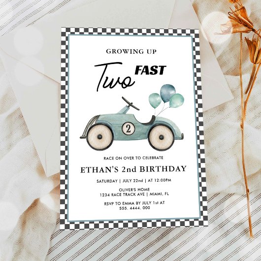 ブルーのレーシングカー好きな2歳の誕生日 招待状