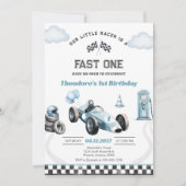 ブルーのレーシングカー、男の子の1歳の誕生日 招待状 (正面)