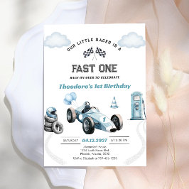 ブルーのレーシングカー、男子誕生日おめでとう ファスト1位 1歳 招待状