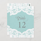 ブルーのレースのドイリー ウェディング テーブルナンバー カード (正面/裏面)