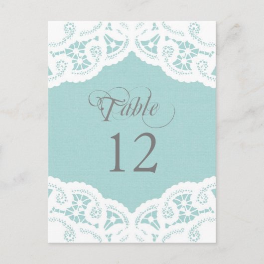 ブルーのレースのドイリー ウェディング テーブルナンバー カード (正面)