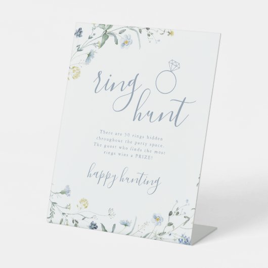 ブルーのワイルドフラワーリングハントボホーブライダルシャワーゲーム 台座サイン (正面)