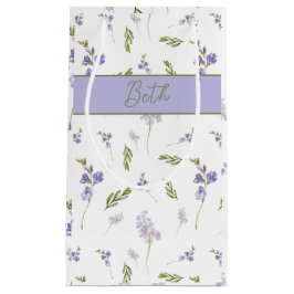 ブルーのワイルドフラワー・ウォーターカラーモノグラム スモールペーパーバッグ