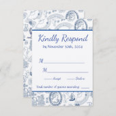 ブルーのヴィンテージロマンスRSVPカード 出欠カード (正面/裏面)