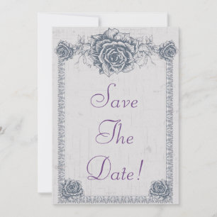 ブルーのヴィンテージローズボーダー Save The Date ウェディング 招待状