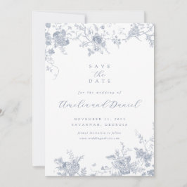 ブルーのヴィンテージ フラワーのSave the Date（結婚式の予告）です。 招待状