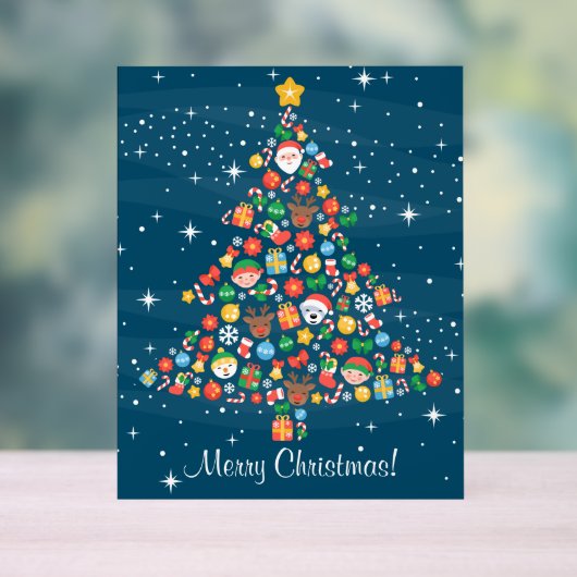 ブルーの上に陽気なクリスマスツリーパターン アクリルサイン (ニュートラル)