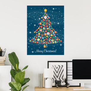 ブルーの上に陽気なクリスマスツリーパターン ポスター