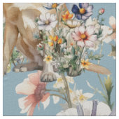 ブルーの中のイエローラブと野の花 ファブリック (クローズアップ)