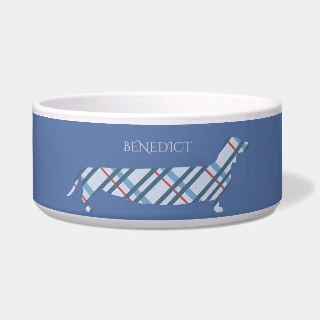 ブルーの個性的なダックスフンドデザインの名前入り ボウル (正面)