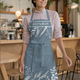 ブルーの個性的な花のリースのプリントが入ったパーソナライズされたエプロン エプロン