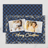 ブルーの写真とチェック柄のゴールドの新婚夫婦のクリスマス シーズンカード (正面/裏面)