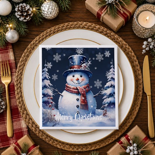 ブルーの冬の森の雪だるまのクリスマス スタンダードカクテルナプキン
