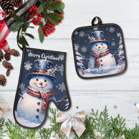 ブルーの冬の森の雪だるまのクリスマス 鍋つかみ&鍋敷きセット
