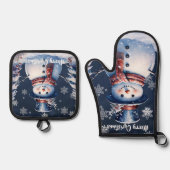 ブルーの冬の森の雪だるまのクリスマス 鍋つかみ&鍋敷きセット (正面)