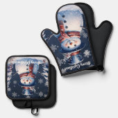ブルーの冬の森の雪だるまのクリスマス 鍋つかみ&鍋敷きセット (正面/裏面)