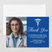 ブルーの医療学校卒業写真カスタム サンキューカード (正面/裏面)