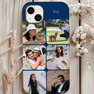ブルーの名前またはイニシャル入りフォトグリッド6枚写真 Case-Mate iPhone 14 PLUSケース