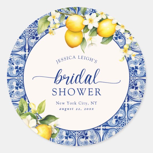 ブルーの地中海のレモン ブライダルシャワー ラウンドシール (正面)