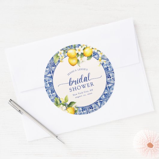ブルーの地中海のレモン ブライダルシャワー ラウンドシール (封筒)