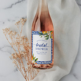 ブルーの地中海オレンジの結婚前お披露目 ワインラベル