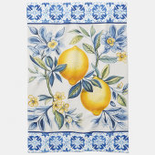 ブルーの地中海スタイルのタイルにレモン キッチンタオル