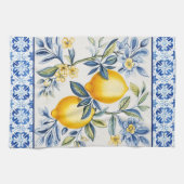 ブルーの地中海スタイルのタイルにレモン キッチンタオル (横)