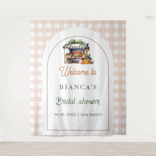 ブルーの地中海スタイルのタイル アーチ ウェルカム ブライダルシャワー タペストリー (正面)