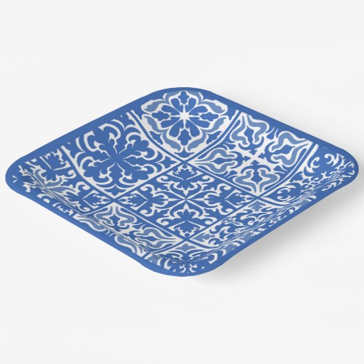 ブルーの地中海スタイルのタイル ウェディングまたはブライズシャワー ペーパープレート (傾斜あり)