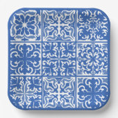 ブルーの地中海スタイルのタイル ウェディングまたはブライズシャワー ペーパープレート (正面)