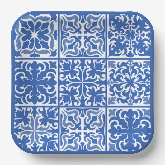 ブルーの地中海スタイルのタイル ウェディングまたはブライズシャワー ペーパープレート (正面)