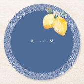 ブルーの地中海スタイル タイル & レモン イタリアン ウェディング ラウンドペーパーコースター (正面)