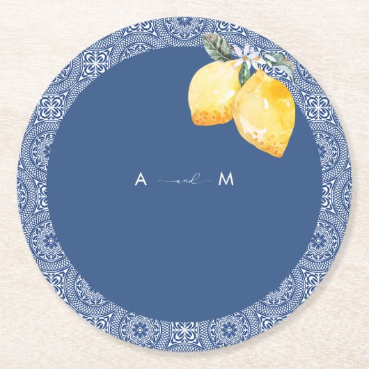 ブルーの地中海スタイル タイル & レモン イタリアン ウェディング ラウンドペーパーコースター (正面)