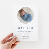 ブルーの宗教的な十字架 1枚の写真 男の子の洗礼 招待状