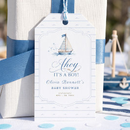 ブルーの帆船で「Ahoy It's A Boy ベビーシャワー」 ギフトタグ