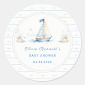 ブルーの帆船と「Ahoy It's A Boy Baby Shower」 ラウンドシール (正面)