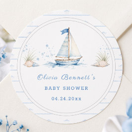 ブルーの帆船と「Ahoy It's A Boy Baby Shower」 ラウンドシール
