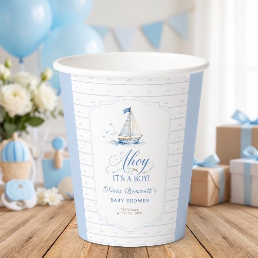ブルーの帆船と「Ahoy It's A Boy Baby Shower」 紙コップ