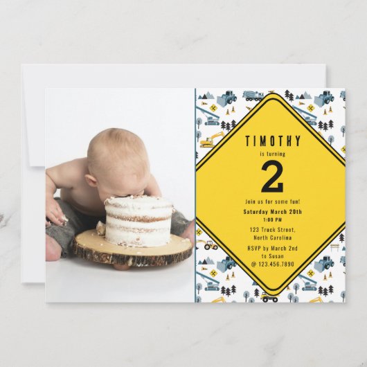 ブルーの建設トラック現場写真誕生日パーティー サンキューカード (正面)